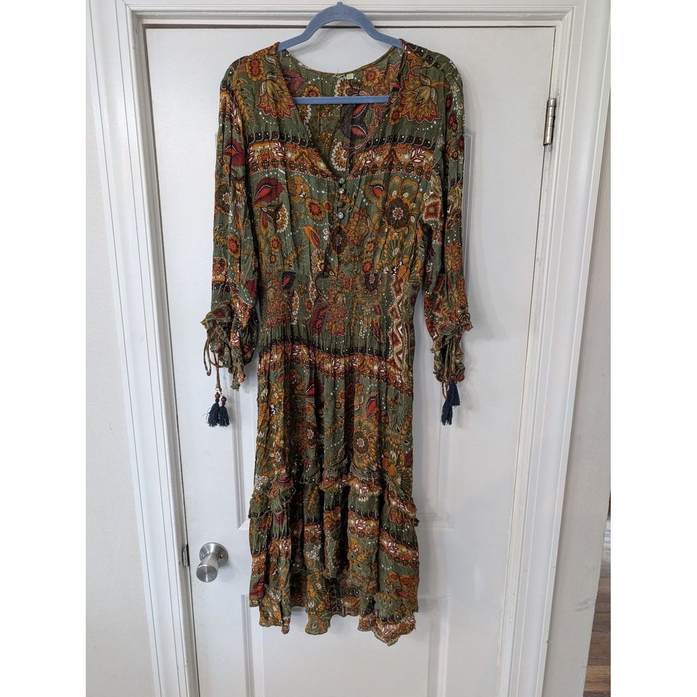 FARM Rio Olive Green Paisley Midi Dress with Rust and Mustard Accents - Picture 4 of 11